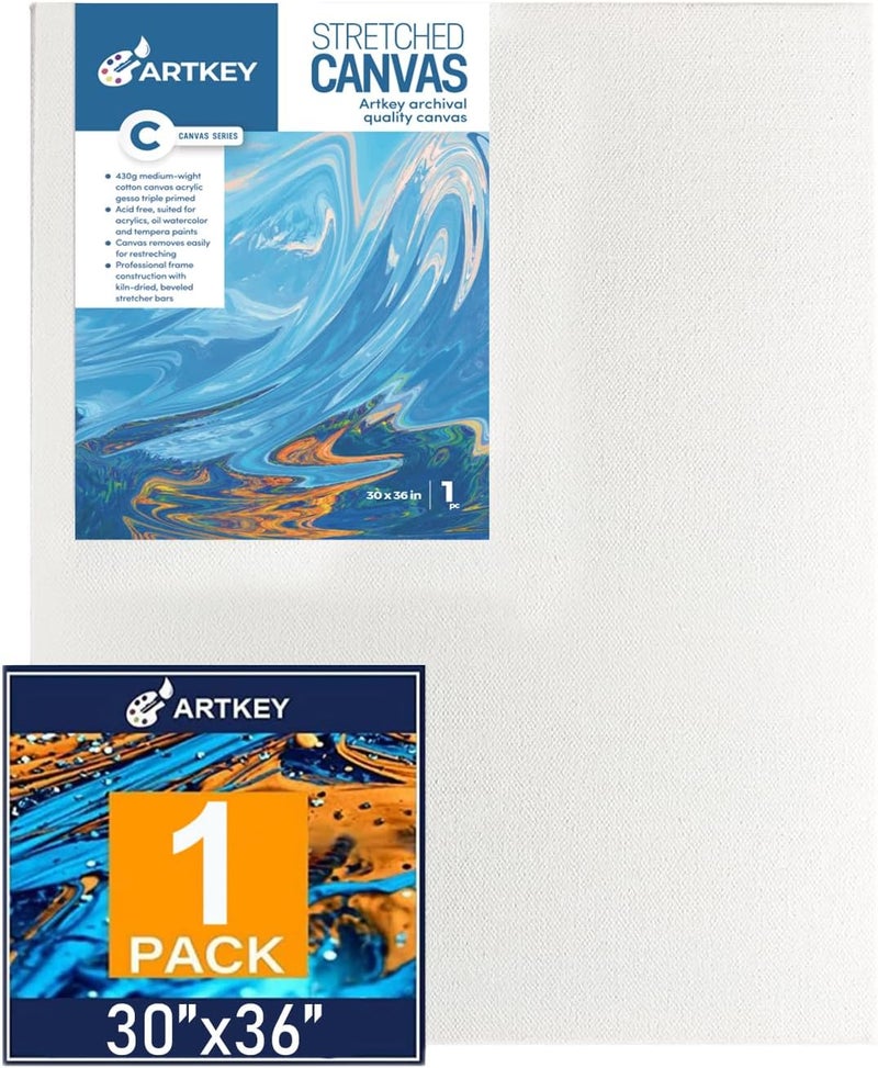 Artkey Gallery Wrapped Stretched Canvases for Painting 30x36 Inch 1-Pack, 16 oz Triple Primed Acid-Free 100% Cotton Blank Canvas, Rectangular Spline Canvas for Oil Paint Acrylics Pouring & Wet Art Media - Image 1